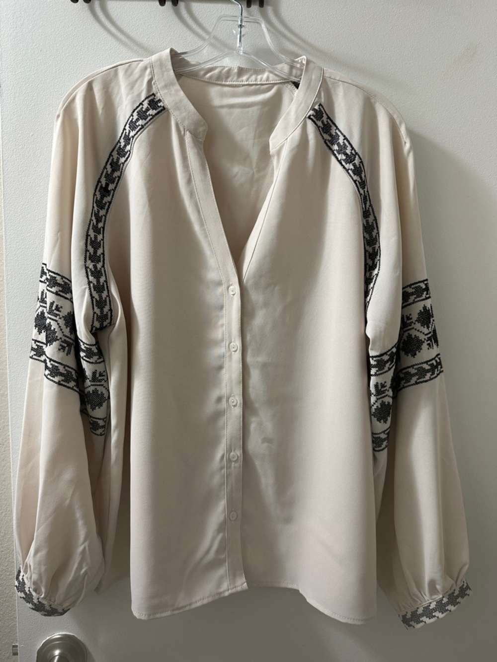 Cream Embroidered Boho Button-Down Blouse